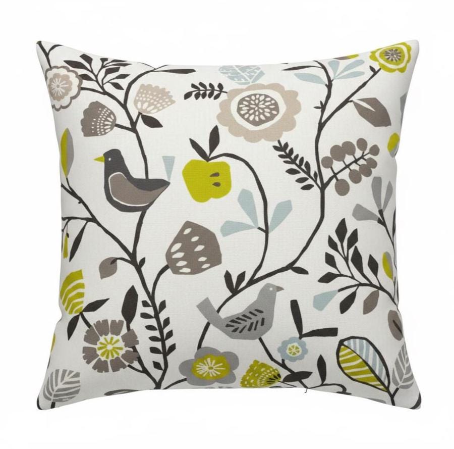 Folki Scandi Cushion Cover Bird Floral Chartreuse Charcoal Green , Handmade UK