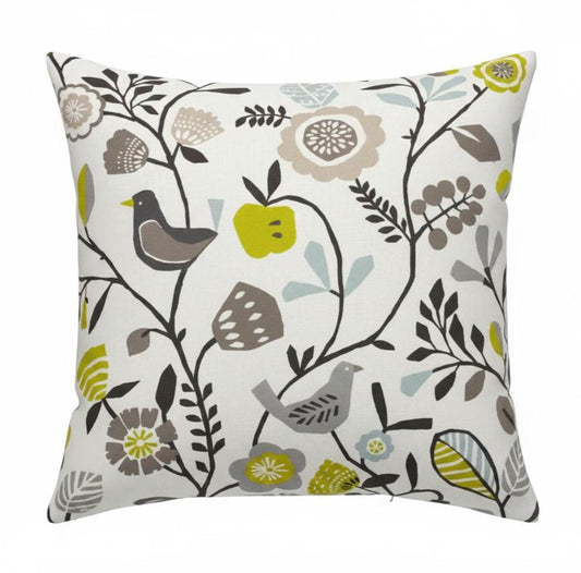 Folki Scandi Cushion Cover Bird Floral Chartreuse Charcoal Green , Handmade UK