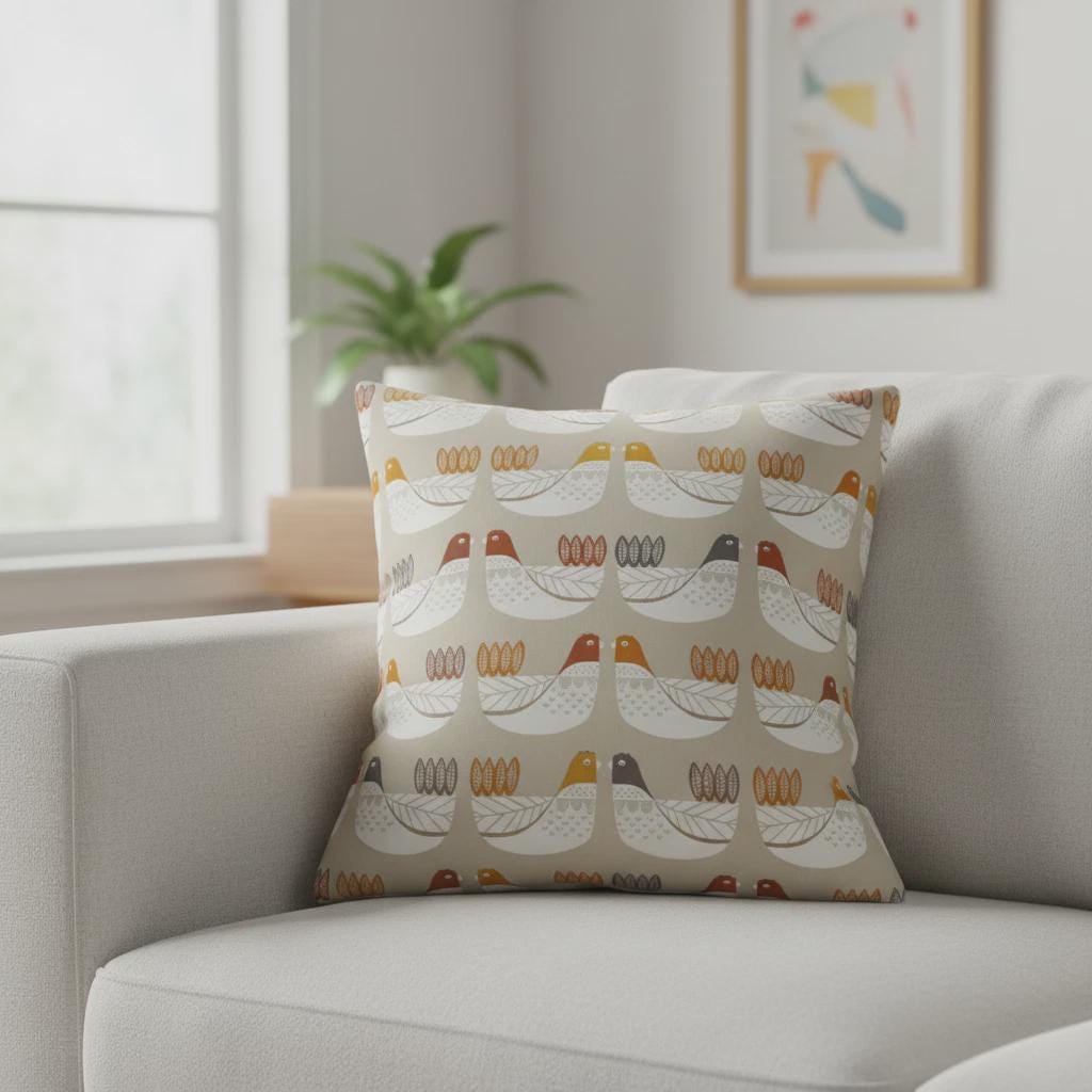 Tangerine Cluck Cluck Hens Cushion Cover , Handmade UK