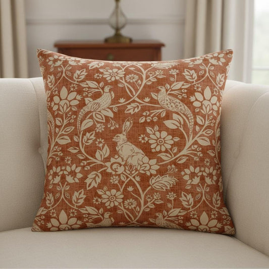 Heathland Copper Rustic Floral Wildlife Hares Game Cushion Cover