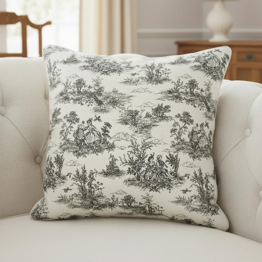 Black Toile De Jouy Cushion Cover , Vintage French Style Throw Pillow