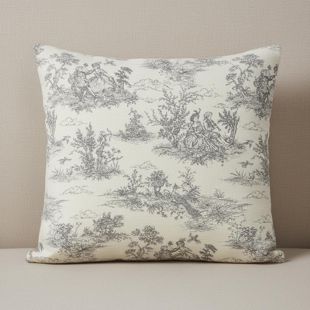Grey Toile De Jouy Cushion Cover , Vintage French Style Throw Pillow