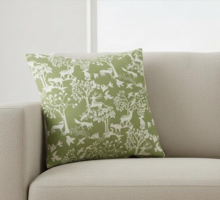 Woodland Deer Cushion Cover , Vilda Sage Green Throw Pillow , Handmade UK