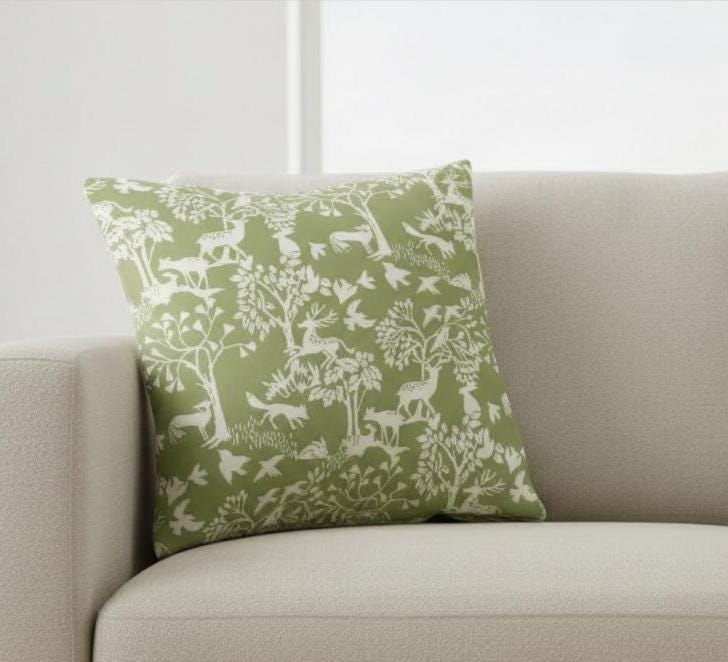 Woodland Deer Cushion Cover , Vilda Sage Green Throw Pillow , Handmade UK