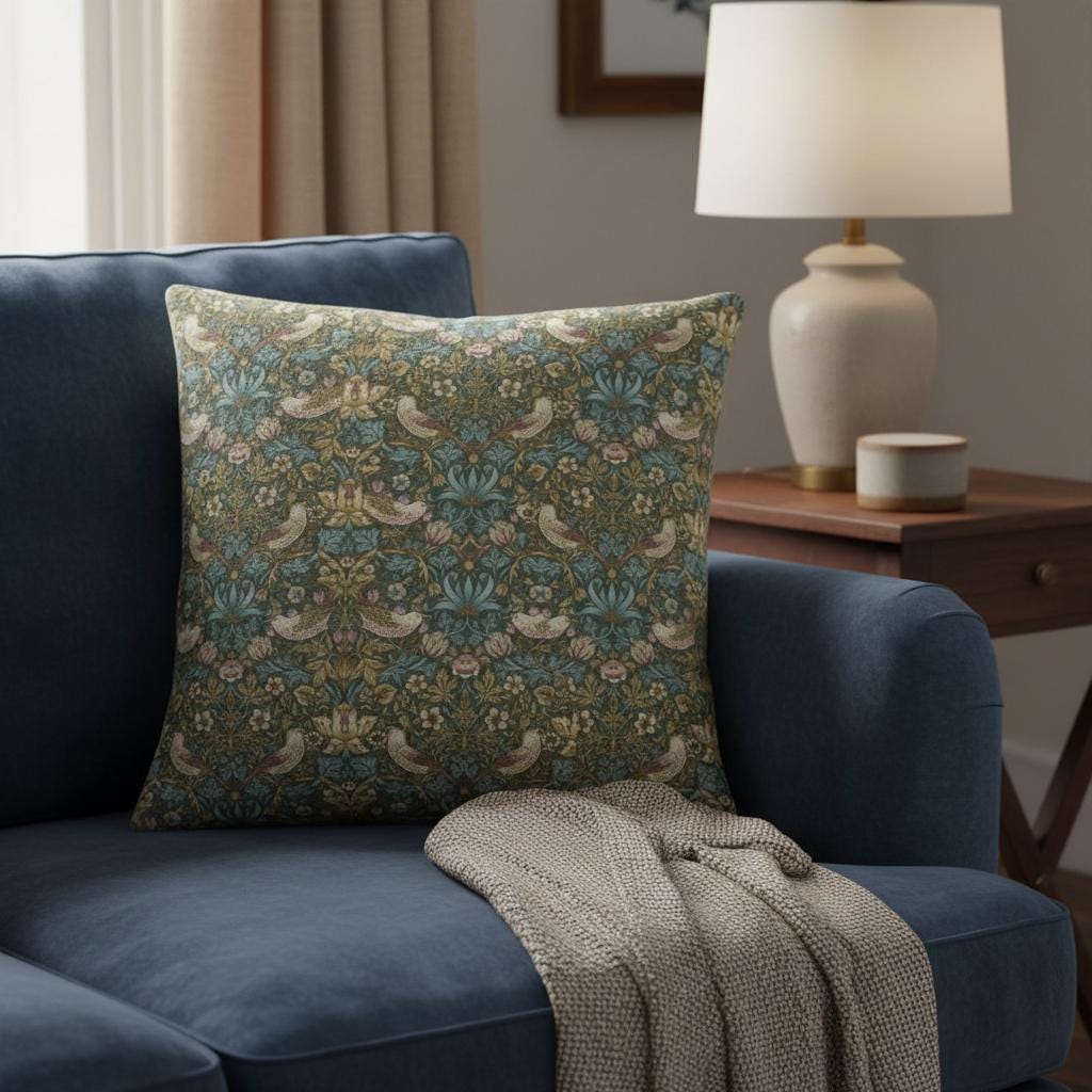 William Morris Strawberry Thief Teal Cushion Cover , Handmade UK