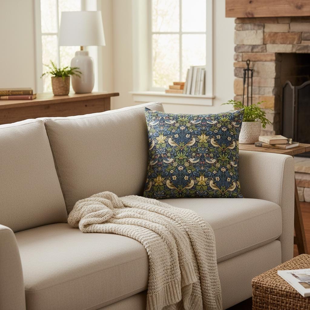 William Morris Strawberry Thief Navy Blue Cushion Cover , Handmade UK