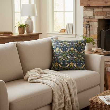 William Morris Strawberry Thief Navy Blue Cushion Cover , Handmade UK