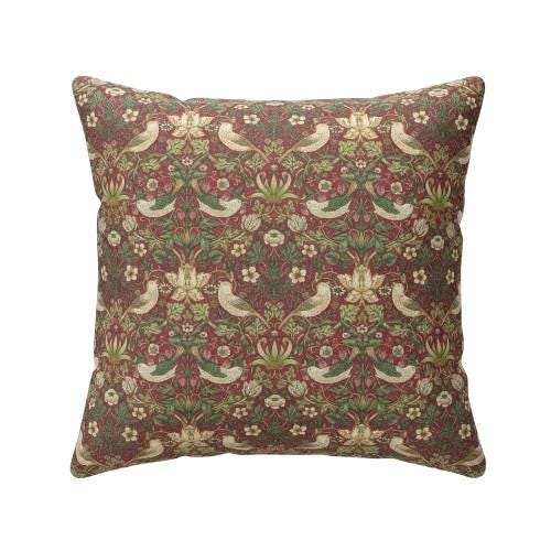 William Morris Strawberry Thief Cushion Cover , Crimson Red Throw Pillow , Handmade UK