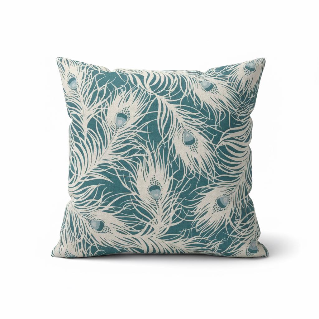 Peacock Feather Teal Cushion Cover, Handmade Cotton Throw Pillow