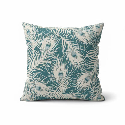 Peacock Feather Teal Cushion Cover, Handmade Cotton Throw Pillow