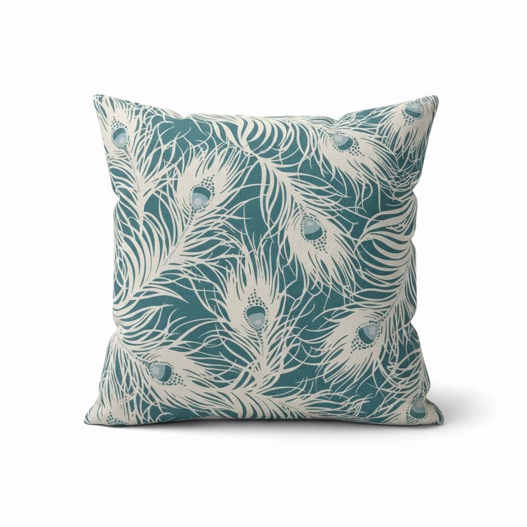 Peacock Feather Teal Cushion Cover, Handmade Cotton Throw Pillow