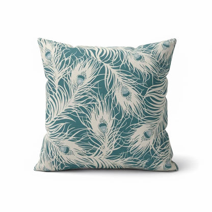 Peacock Feather Teal Cushion Cover, Handmade Cotton Throw Pillow