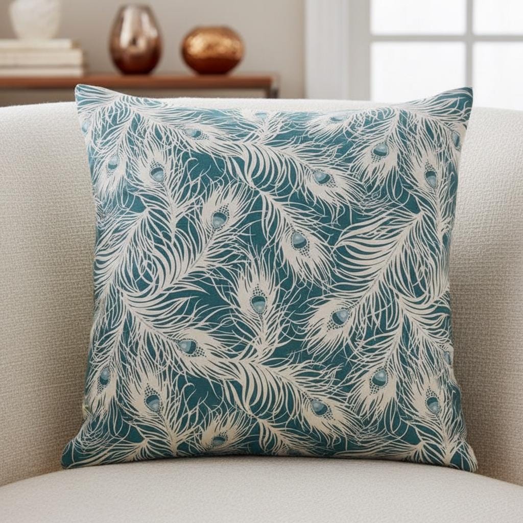 Peacock Feather Teal Cushion Cover, Handmade Cotton Throw Pillow