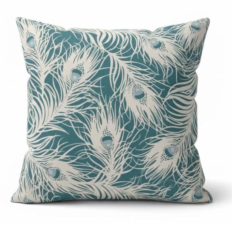 Peacock Feather Teal Cushion Cover, Handmade Cotton Throw Pillow