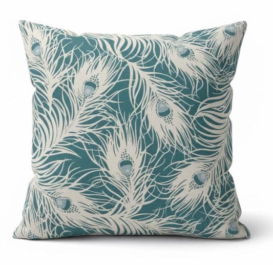 Peacock Feather Teal Cushion Cover, Handmade Cotton Throw Pillow