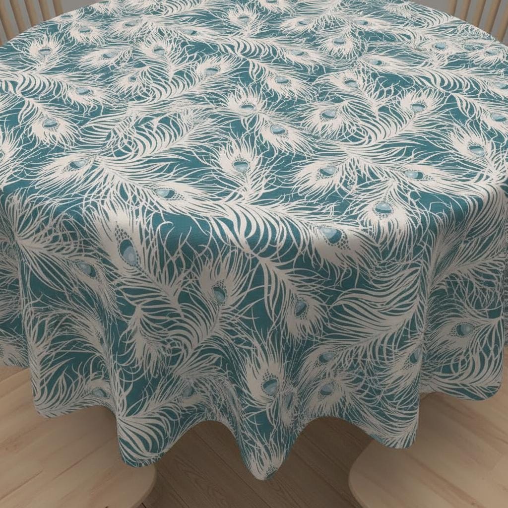 Peacock Feather Teal Tablecloth , Round Oval Rectangle
