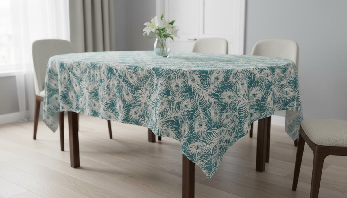 Peacock Feather Teal Tablecloth , Round Oval Rectangle