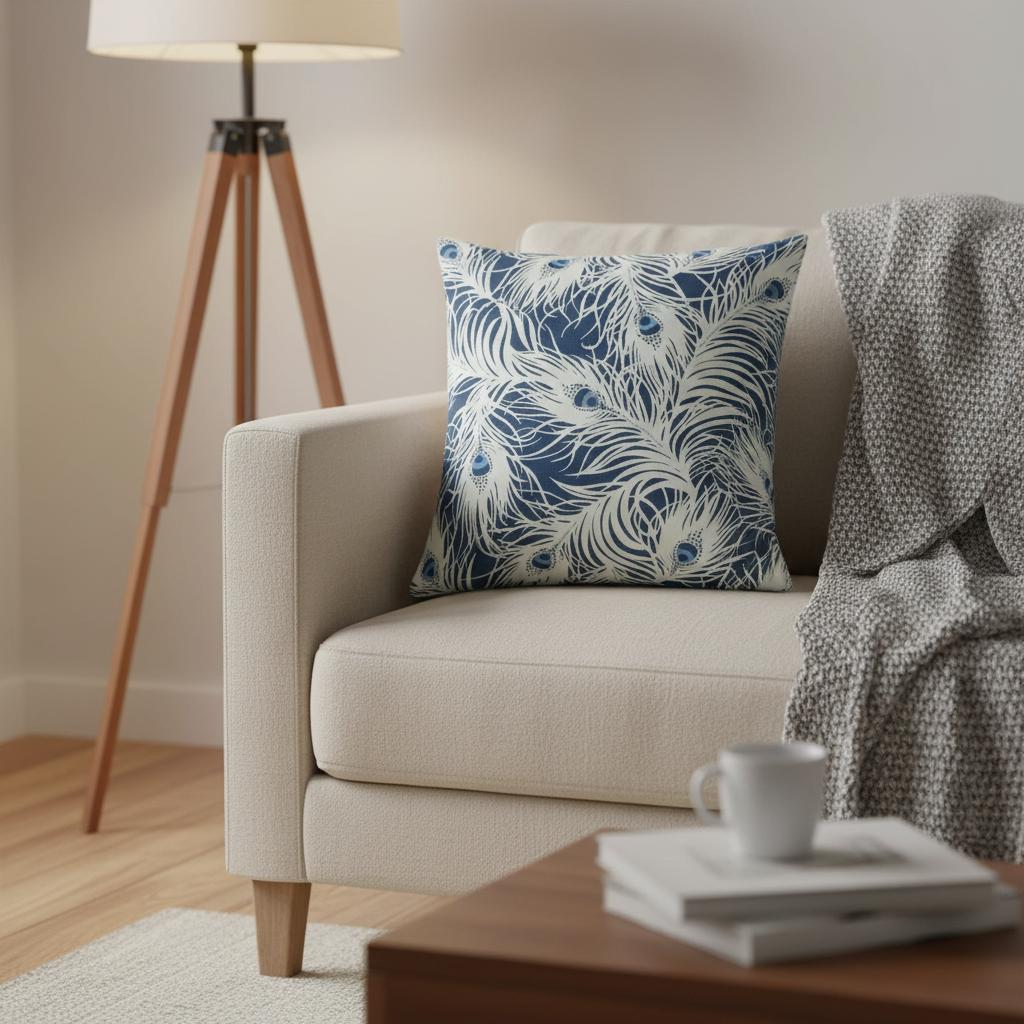 Peacock Feather Navy Blue Cushion Cover, Handmade Cotton Throw Pillow