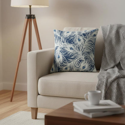 Peacock Feather Navy Blue Cushion Cover, Handmade Cotton Throw Pillow