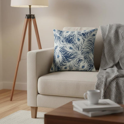 Peacock Feather Navy Blue Cushion Cover, Handmade Cotton Throw Pillow