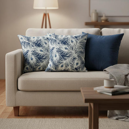 Peacock Feather Navy Blue Cushion Cover, Handmade Cotton Throw Pillow