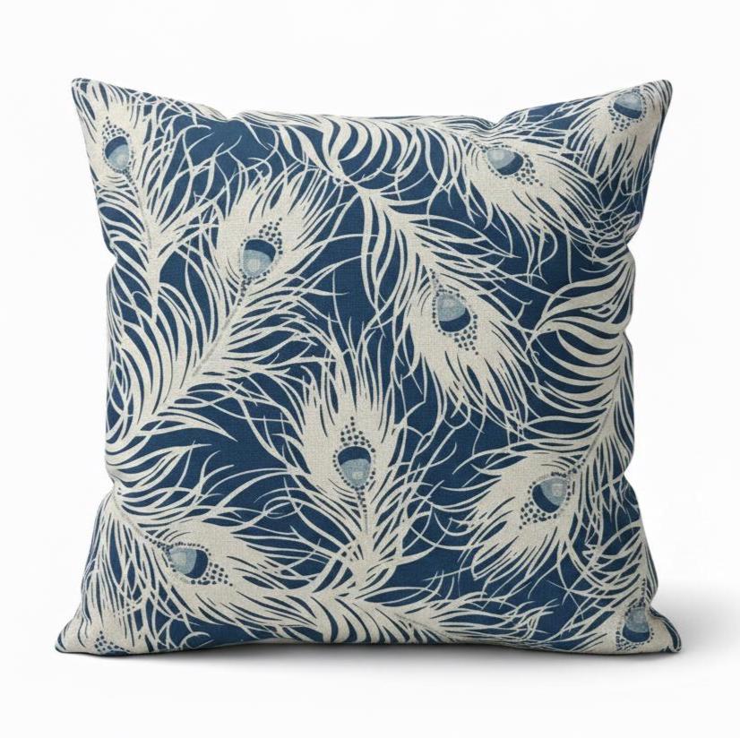 Peacock Feather Navy Blue Cushion Cover, Handmade Cotton Throw Pillow