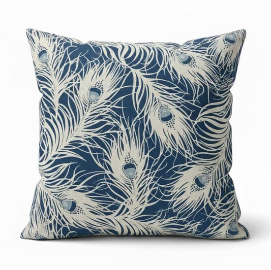 Peacock Feather Navy Blue Cushion Cover, Handmade Cotton Throw Pillow
