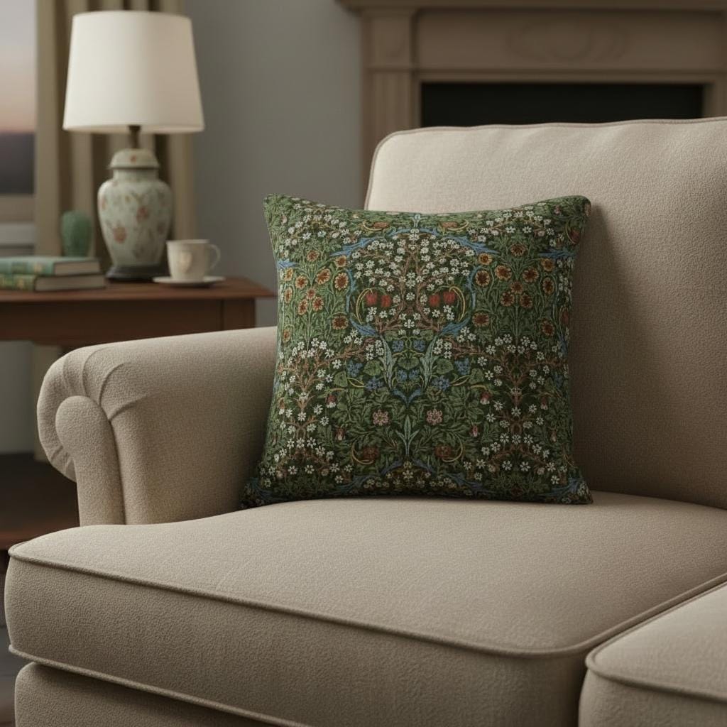 William Morris Blackthorne Floral Forest Cushion Cover , Cotton Throw Pillow , Handmade UK