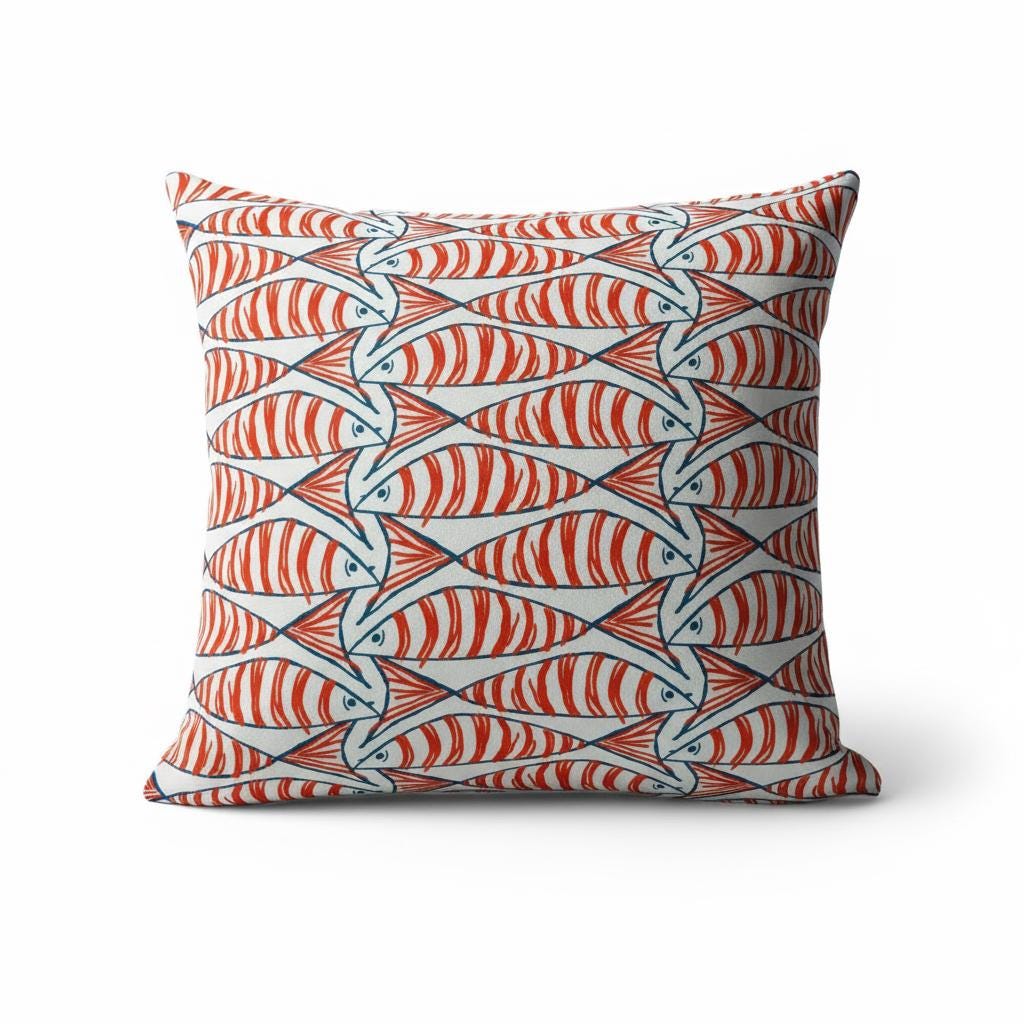 Cornish Sardines Sprats Cushion Cover , Seaside Fish Nautical Throw Pillow , Handmade UK