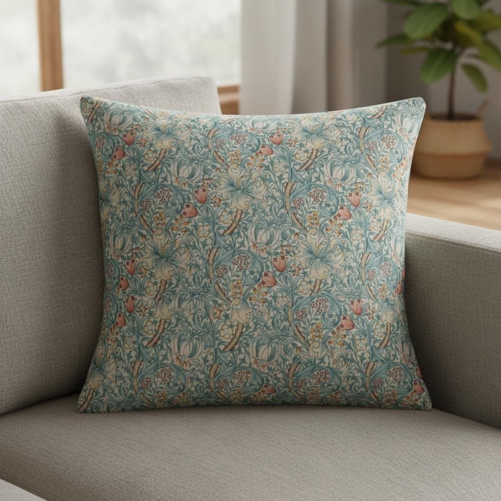 William Morris Golden Lily Cushion Cover , Floral Tourmaline Azure Blue Throw Pillow , Handmade UK