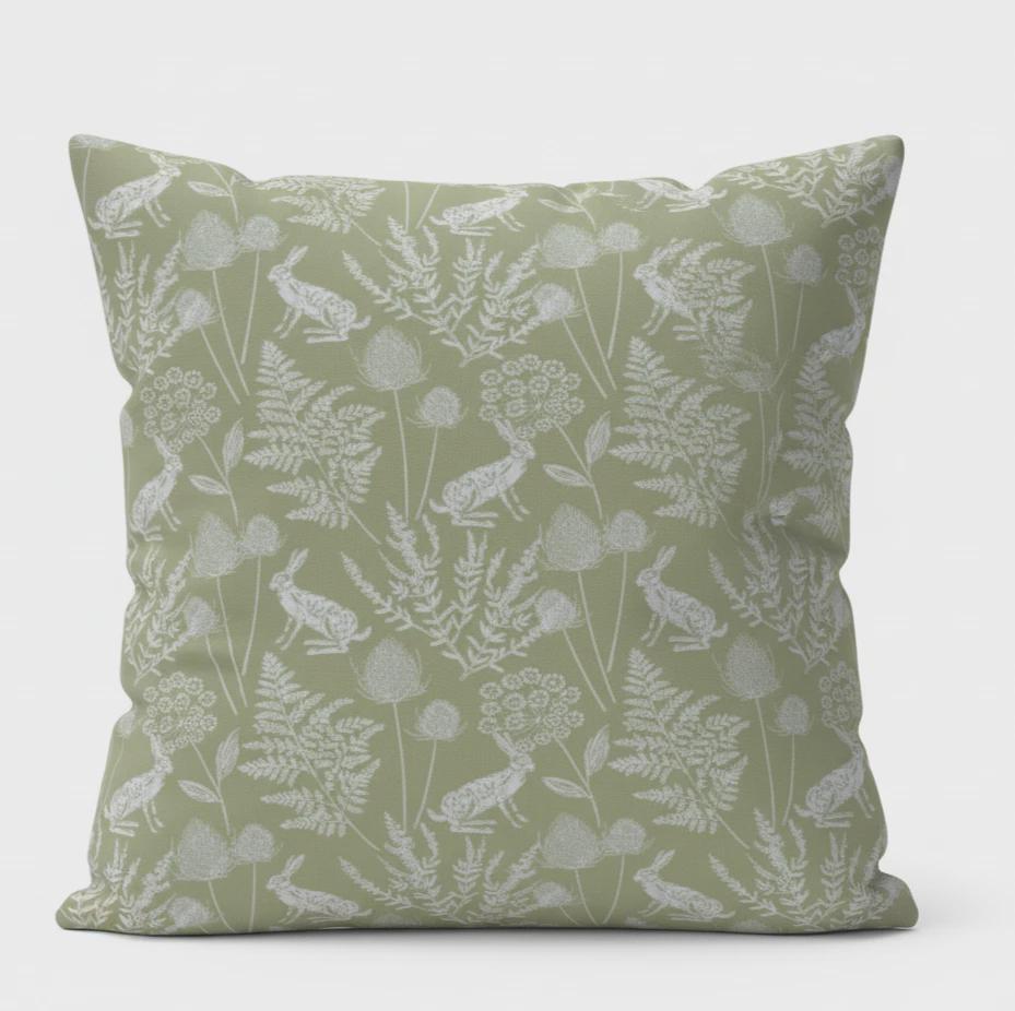 Kielder Hare Rabbit Sage Green Cushion Cover