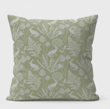 Kielder Hare Rabbit Sage Green Cushion Cover
