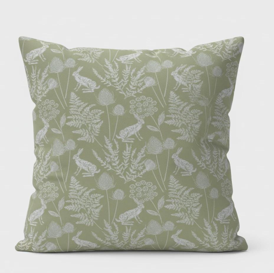 Kielder Hare Rabbit Sage Green Cushion Cover