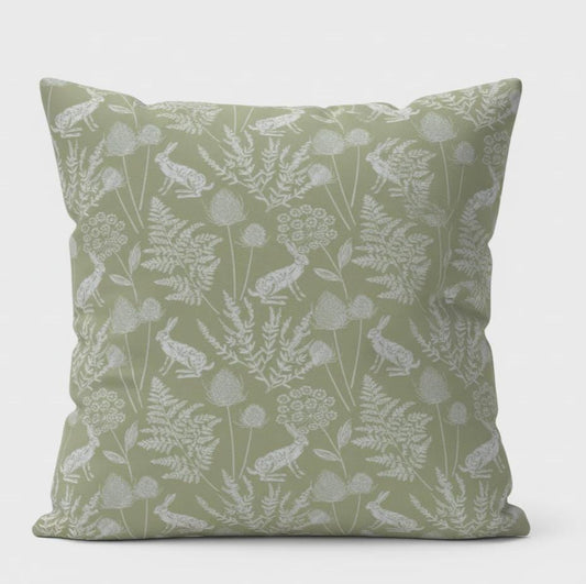 Kielder Hare Rabbit Sage Green Cushion Cover