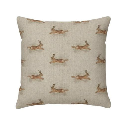 Leaping Hare Rabbit Beige Cushion Cover , Handmade UK