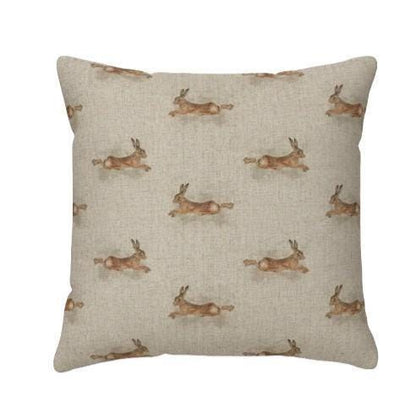 Leaping Hare Rabbit Beige Cushion Cover , Handmade UK