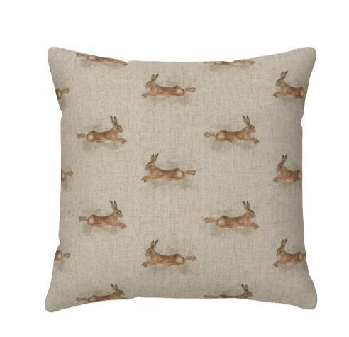 Leaping Hare Rabbit Beige Cushion Cover , Handmade UK