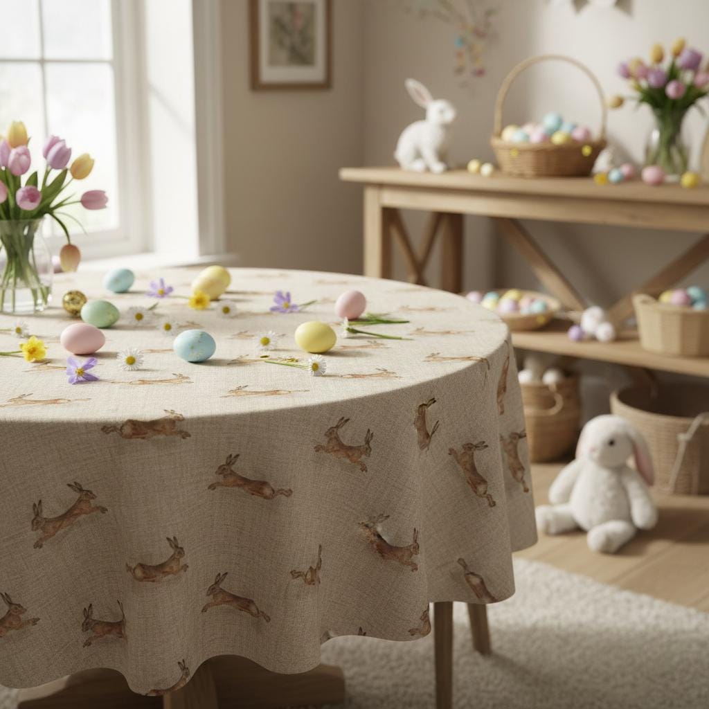 Leaping Hare Rabbit Beige Tablecloth Napkins, Round Oval Rectangle , Handmade UK