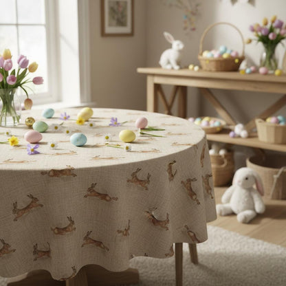 Leaping Hare Rabbit Beige Tablecloth Napkins, Round Oval Rectangle , Handmade UK