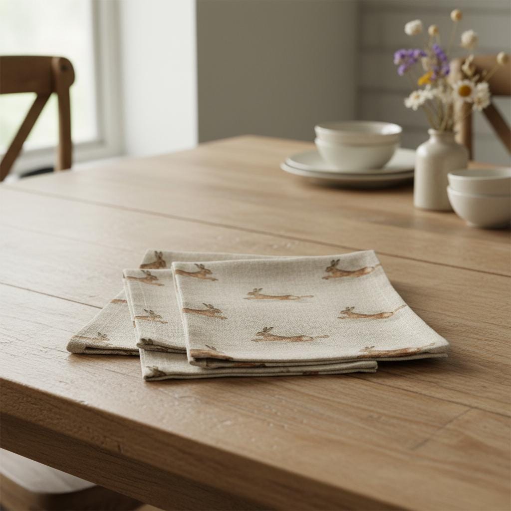 Leaping Hare Rabbit Beige Tablecloth Napkins, Round Oval Rectangle , Handmade UK