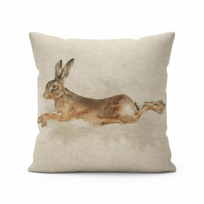 Leaping Hare Rabbit Beige Cushion Cover