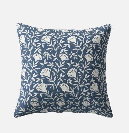 Floral Melby Midnight Blue Cushion Cover , Handmade Cotton Throw Pillow
