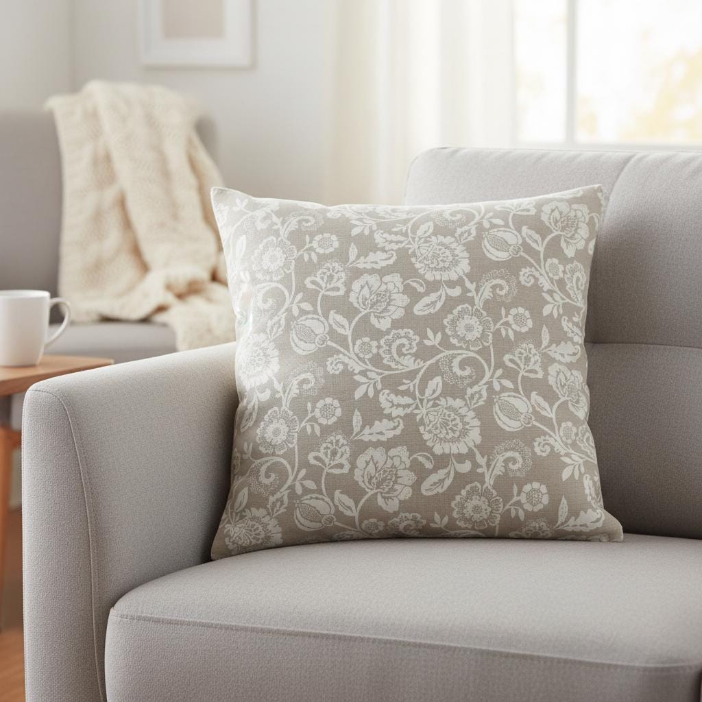 Eliza Tapestry Floral Cushion Cover , Natural Beige Cotton Throw Pillow , Handmade UK