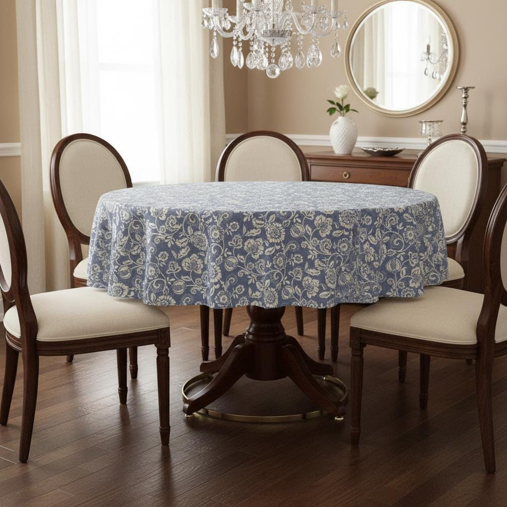 Eliza Tapestry Flowers Chambray Tablecloth , Round Oval Rectangle , Handmade UK