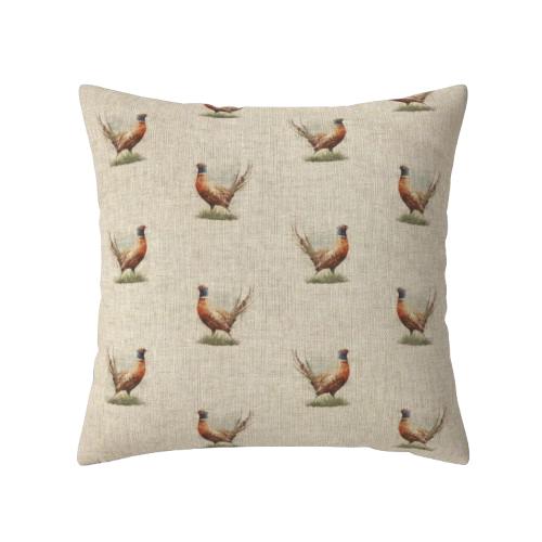 Rustic Pheasant Pattern Cushion Cover , Beige Cotton Throw Pillow , Handmade UK
