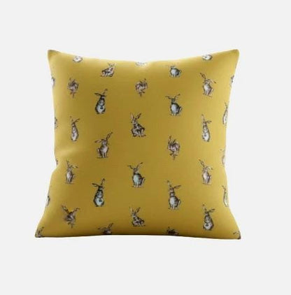 Shabby Hares Rabbits Bunny Mustard Cushion Cover , Handmade UK