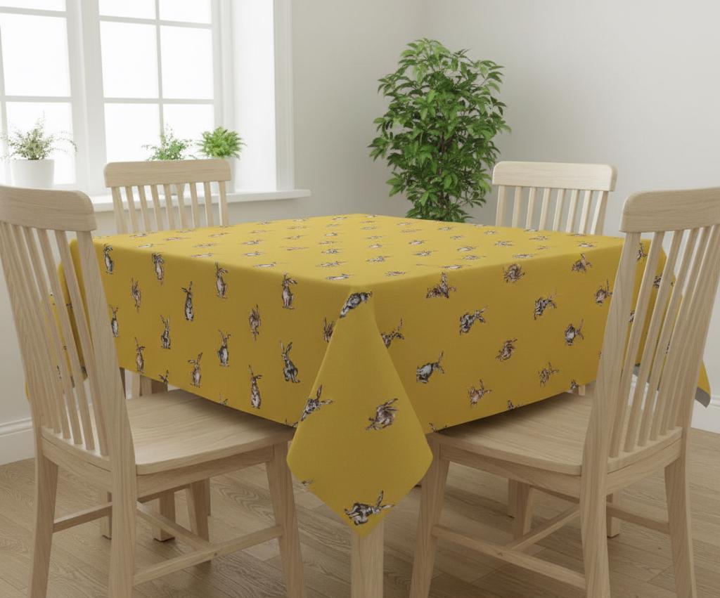 Shabby Hares Tablecloth, Rabbits Bunny Mustard Table Cloth , Handmade UK