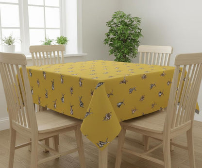 Shabby Hares Tablecloth, Rabbits Bunny Mustard Table Cloth , Handmade UK