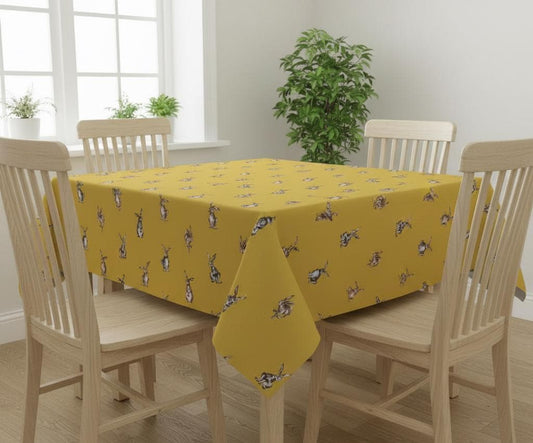 Shabby Hares Tablecloth, Rabbits Bunny Mustard Table Cloth , Handmade UK