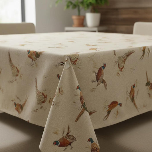 Rustic Pheasant Pattern Beige Tablecloth , Round Oval Square Rectangle , Handmade UK